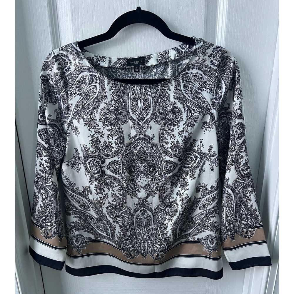 Talbots Women's Top Blouse Black White Tan Paisley Long Sleeve Career Size 2P‎